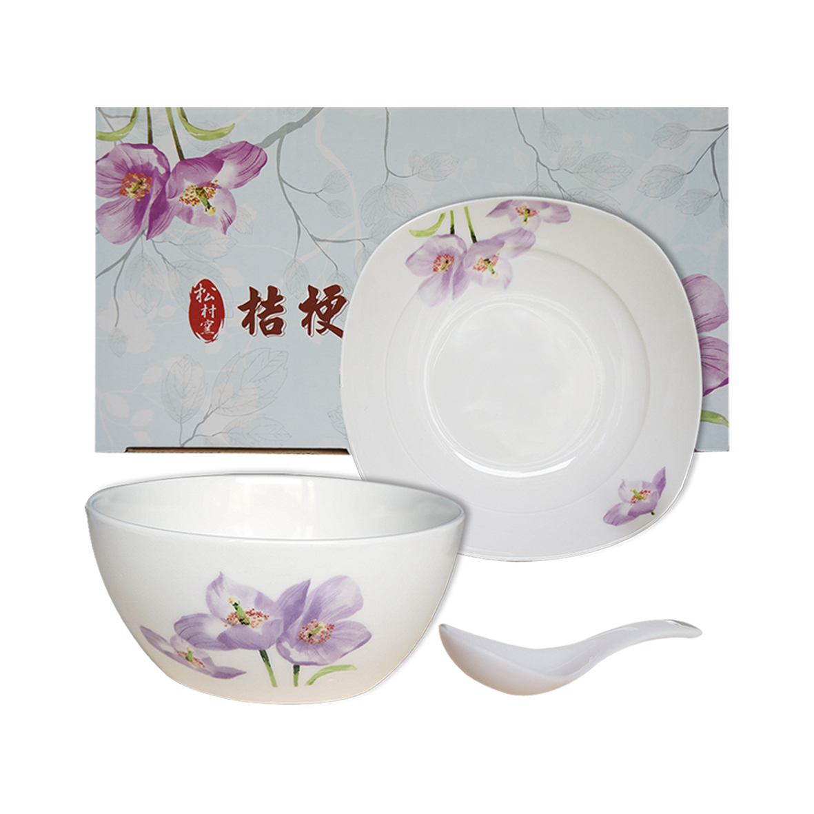 桔梗花餐具三件套,手繪碗盤組,手繪碗,陶瓷餐具