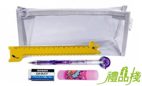 透明筆袋+卡通尺+橡皮擦+側壓自動鉛筆+膠水