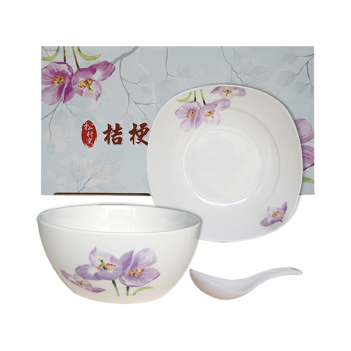 桔梗花餐具三件套,手繪碗盤組,手繪碗,陶瓷餐具