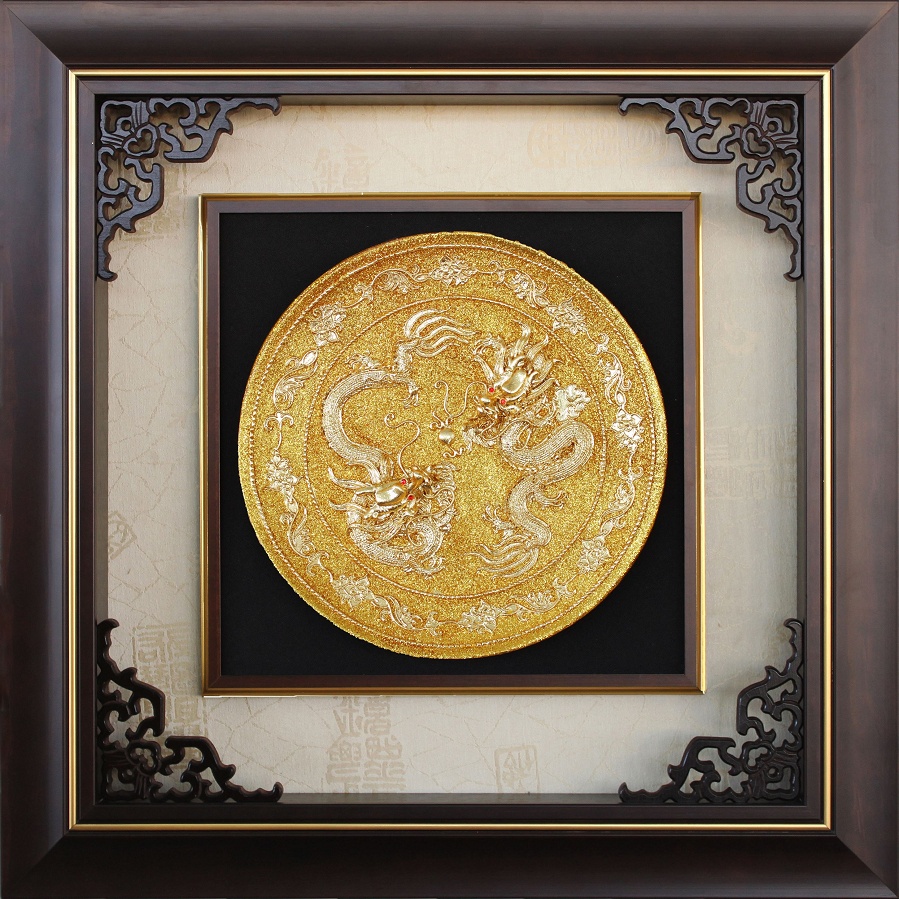 雙龍獻瑞(金雕畫),開運開業招財金箔賀匾,獎牌