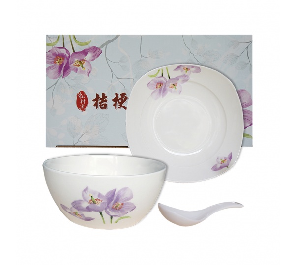 桔梗花餐具三件套,手繪碗盤組,手繪碗,陶瓷餐具