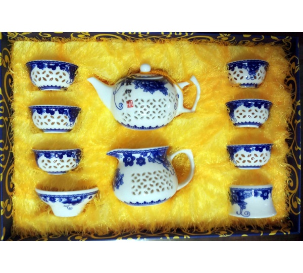 青花玲瓏牡丹茶具10件組