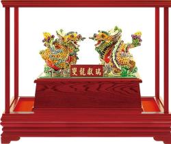 櫥窗藝品,藝品批發,雙龍獻瑞(手工彩陶)