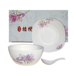 桔梗花餐具三件套,手繪碗盤組,手繪碗,陶瓷餐具